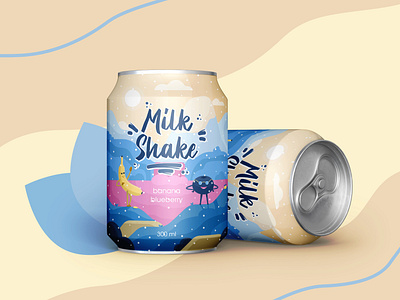 Mock up. Milk shake. Landscape with banana and blueberryю