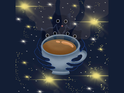 Tea Triad art cat lover digital editorial illustration exhibition fantasy art fun illustration procreate starry night tea cup tea lover witchy