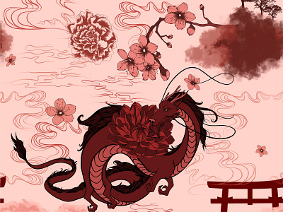 The Great Dragon Print Design asian chinese food digital dragon editorial art editorial design feminine illustration pattern design print