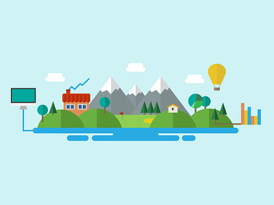 Outdoor Control abstract clouds design flat hot air balloon house illustration lake mountains outdoors trees web design