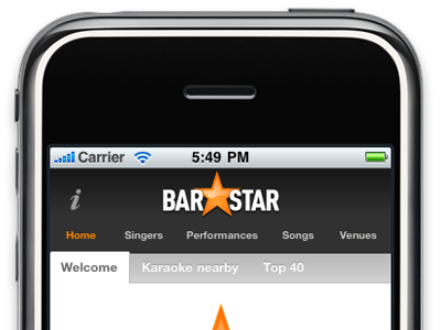 BarStar, header barstar black game grey iphone karaoke mobile orange white