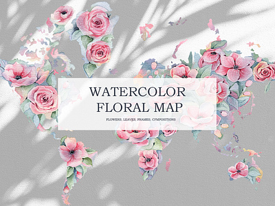 Watercolor Floral Map Spring Clipart creator floral floral clipart floral map flowers map map design map print peony illustration peony watercolor pink flowers print spring spring clipart stickers watercolor watercolor flowers watercolor leaves watercolor map world map