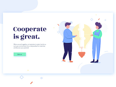 Cooperate Hero Banner cooperation graphic hero banner illustration landing page light bulb memphis ui vector