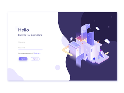 Sign In UI - Dream City Illustration city graphic hero banner illustration isometric landing page sign in ui