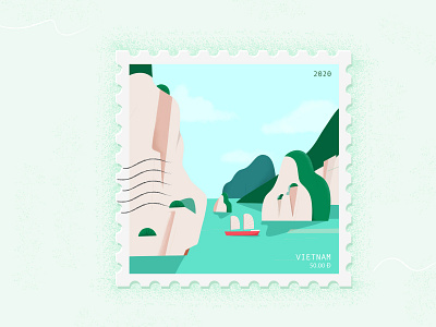 Vietnam Stamp 🇻🇳 design drawing graphic ha long bay illustration leaves plants procreate stamps texture vector art vietnam weekly warm up