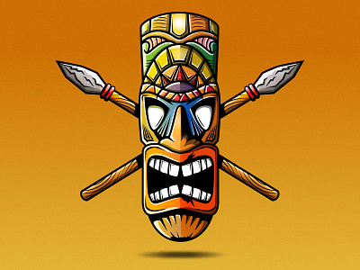 Tiki Man character hawaiian illustration island logo orange spear tiki tropical vector