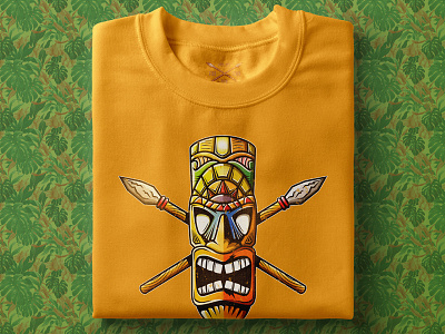 Tiki Man Shirt character hawaiian illustration island logo orange spear tiki tropical vector