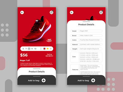 Shoes Store App add to bag android app design branding buy now creative design ios modern product page red shoes shopping app ui user experience user interface ux