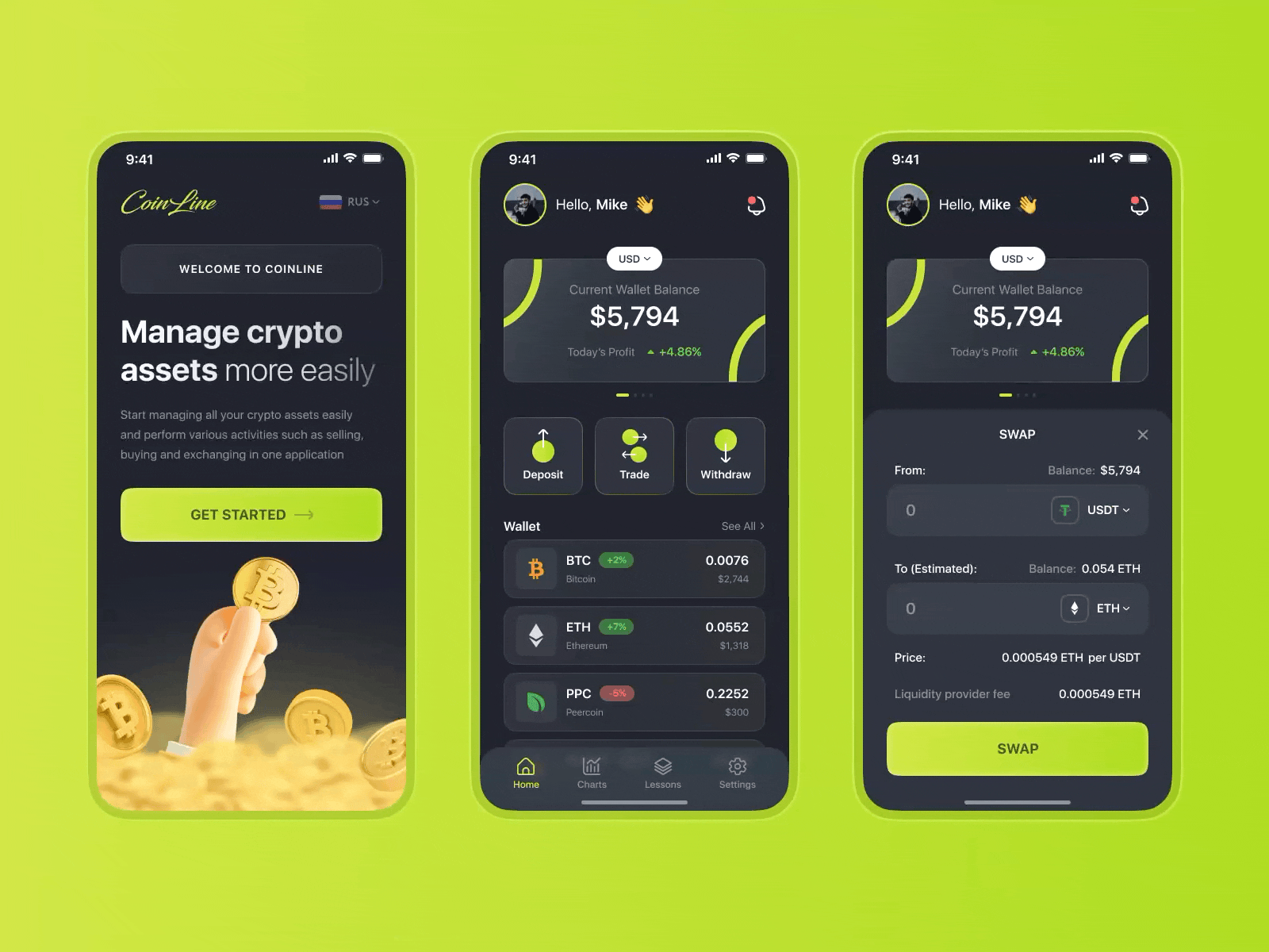Cryptocurrency App Design — CoinLine animation app bitcoin crypto cryptocurrency design figma financial interface mobile ui ux wallet