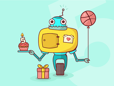 Dribbble is 5! birthday character colorful dribbble flat illustration robot simple
