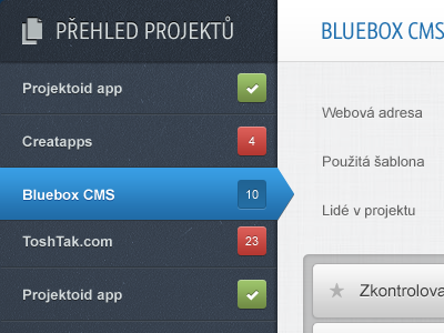Projektoid.cz - Overview of Projects app blue button check crm dark desig gray green grey interface navigation project red todo ui web webdesign website