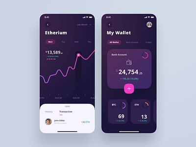 Crypto Wallet App app application bank bitcoin crypto currency diagram etherium finance stats trading ui wallet