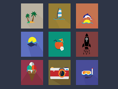 Summer Icon Set camera coconut tree dolphin ice cream sunset