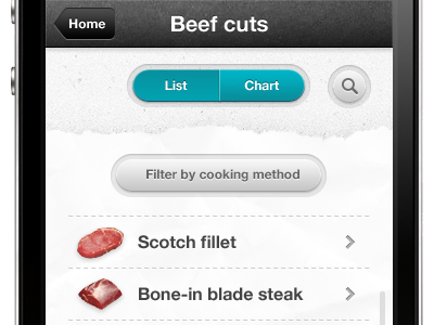 Beef cut listing app beef button iphone list meat paper search toggle ui