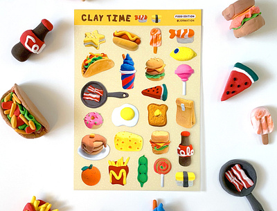 Clay Time: Food Edition Sticker Sheet bacon breakfast burger clay cola donut food hot dog lollipop pancake sticker stickers sushi taco toast