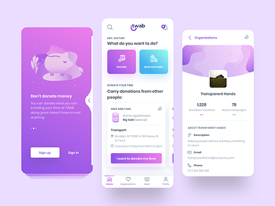 Charity App app appdesign charity clean clean ui donation onboarding organization pink profile purple ui ux