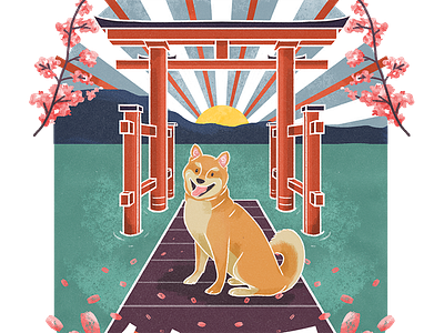 Hakone Torii Gate blues cherry blossom cute design dog illustration japan lake ashi shiba inu torii gate tshirt