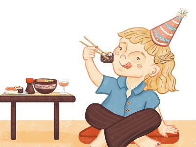 Birthday Sushi birthday character design childrens book editorial illustration japanese food pastel colours sushi texture
