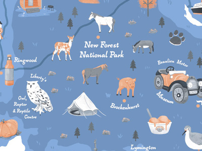 Map Mural WIP animals blue camping cartography digital illustration forest grey icons map map illustration map maker mural new forest pastel colours peach photoshop texture wildlife wip work in progress