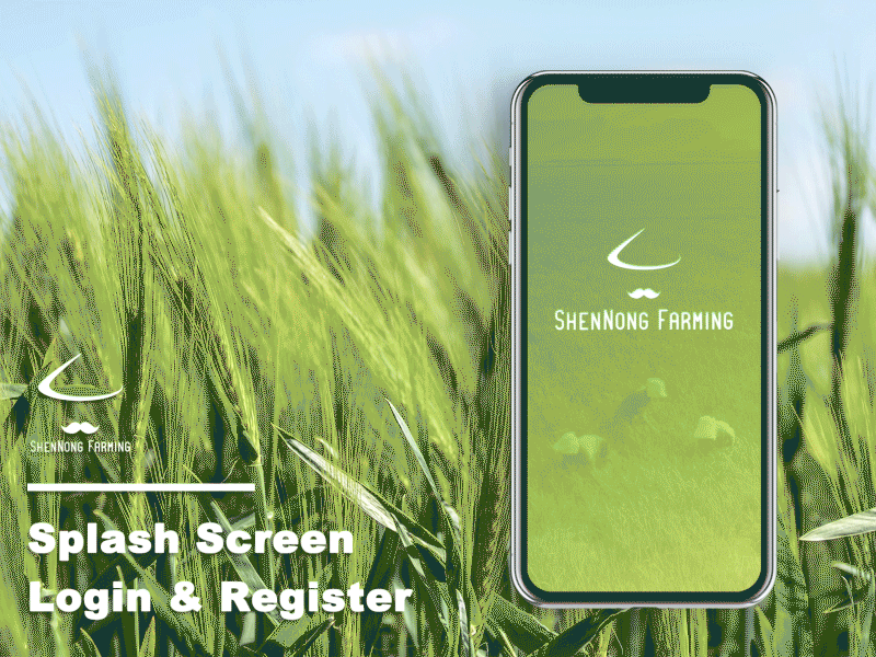 Login & Register of “S.N. Farming” animated character app design green ui