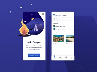 Camping app application caravan design dribbble figma fire illustration mobile moon tent ui vacation vector