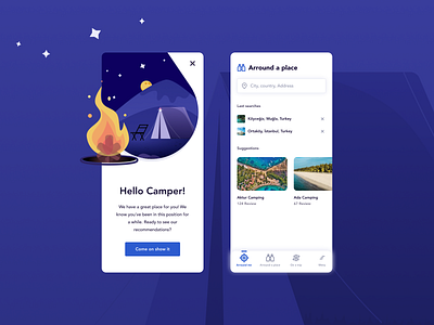 Camping app application caravan design dribbble figma fire illustration mobile moon tent ui vacation vector