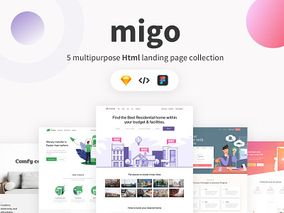 Migo app landing page pack-1 branding flat icon illustration ios android mobile app design logo branding modern trendy design 2019 typography vector web page landing page design website