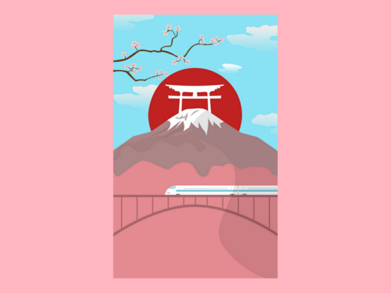 Mount Fuji With Bullet Train And Torii Illustration torii fuji mountains japan illustration