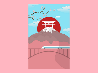 Mount Fuji With Bullet Train And Torii Illustration fuji illustration japan mountains torii
