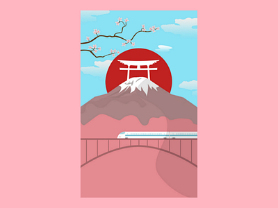 Mount Fuji With Bullet Train And Torii Illustration