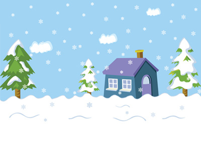 Snow Landscape And House, Pine Trees, Snowflakes Vector
