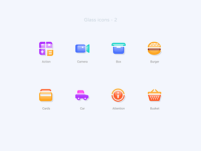 Glass icons 2 action box burger busket car cards demo figma free freebie glass graphic icons set ui