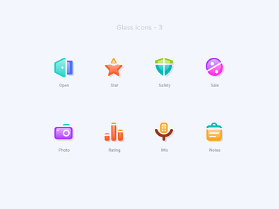 Glass icons 3 figma figmadesign icon design icons mic notes open pack photo rating safety sale set star