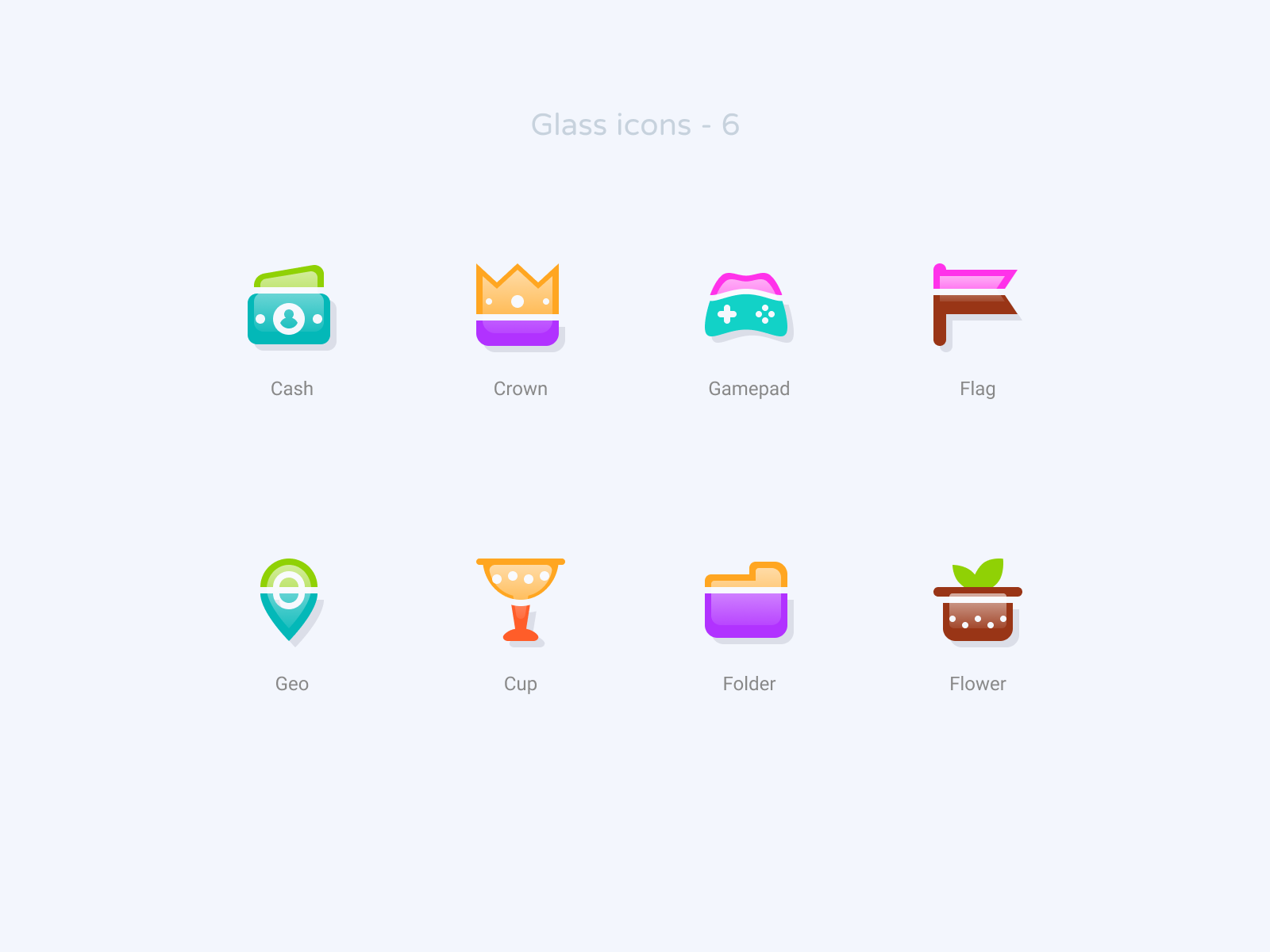 Glass icons 6 cash crown cup figma flower folder free freebie gamepad geo icon icon design