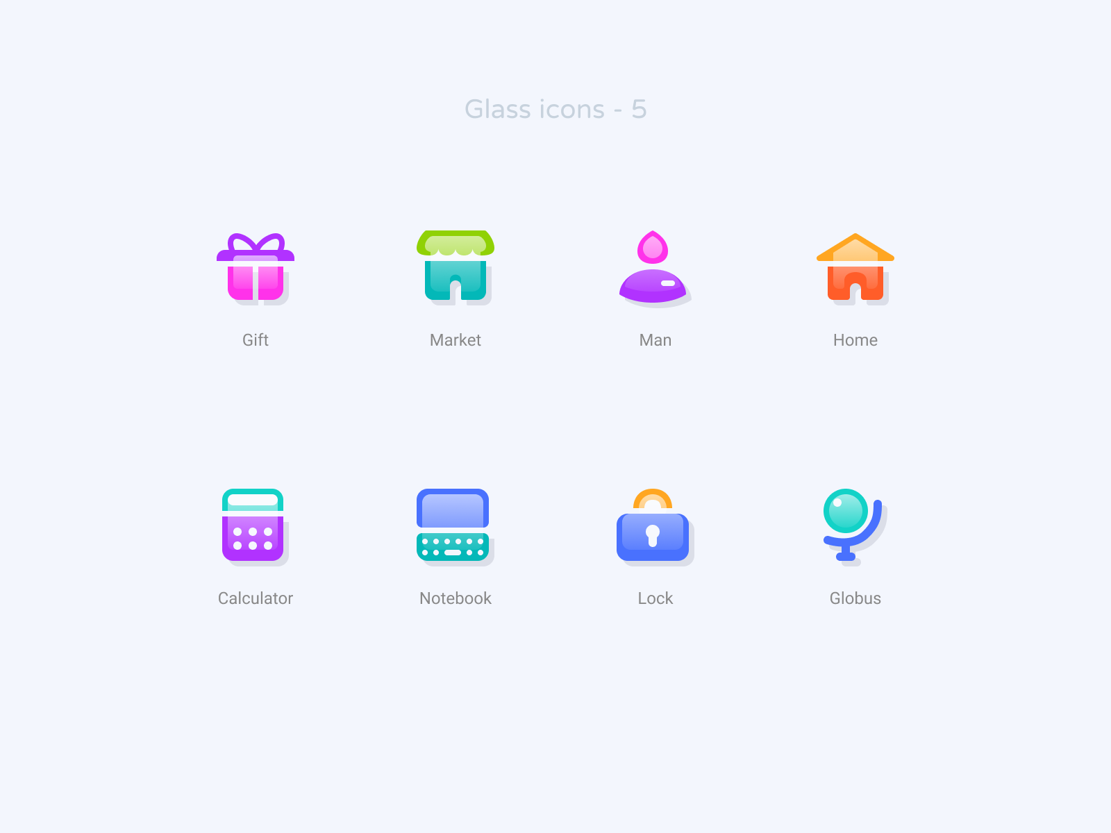 Glass icons 5 calculator demo download figma free freebie gift globus home icondesign icons lock man market notebook svg ui