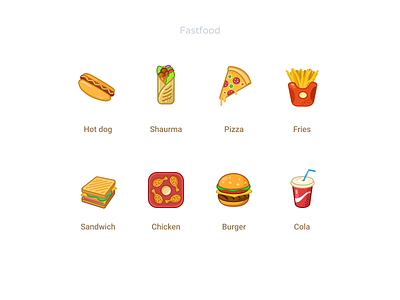 Fastfood icons burger cartoon chicken cola fast figmadesign food fries hotdog icondesign icons pizza sandwich shaurma ui