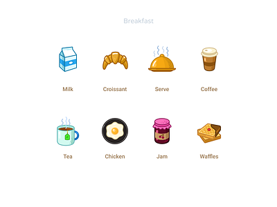 Breakfast icons breakfast cartoon chicken coffee croissant figmadesign icons jam milk serve tea vector waffles