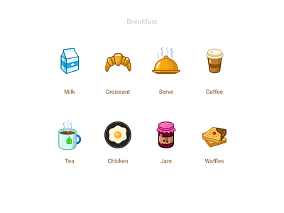 Breakfast icons breakfast cartoon chicken coffee croissant figmadesign icons jam milk serve tea vector waffles