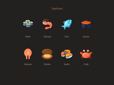 Seafood icons caviar crab figmadesign fish food icons icons design icons set oyster rolls salmon seafood shrimp sushi