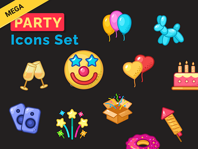 Mega Party Icons Set balloons birthday cards celebrate confetti dance day fun mega music party xmas