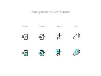 Icon system for Restaurants docket figma geometry iconography icons icons design order order food outline payment poster print qonus queue restaurant split stroke style system