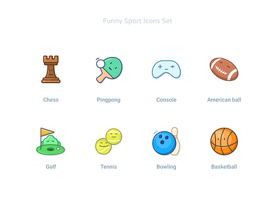 Funny Sport Icons Set american basketball bowling chess faces fun funny fuunyicons games golf icondesign icondesigner icons iconset kawaii lucky smiles sport tennis vectoricons