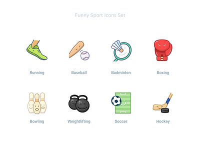 Funny Sport Icons Set #2 badminton balls baseball baseball bat bowling boxing faces funny hockey humor icon design iconography icons iconset illustration runnig soccer sport sporticons weightlifting