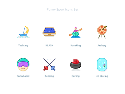 Funny Sport Icons Set #3 archery cartoon character character design curling faces fencing funny games ice icondesign icondesigner kayaking klask sea skating smile snowboarding sport yachting