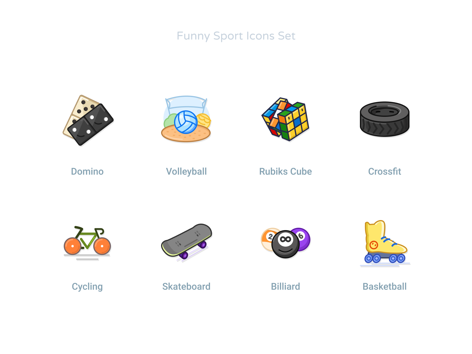 Funny Sport Icons Set #4 baseball basketball billiard crossfit cube cycling domino emoji faces games icon icondesign iconet icons iconset rubik skateboard skile sports vollyball