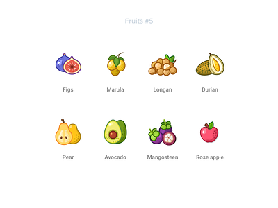 Fruits icon set avocado cookbook cooking durian exotic figmadesign figs food free freebie fruits icon icons longan mangosteen marula pear roseapple vector vector illustration