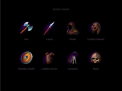 Game item icons armor axe cloak game gameart helmet icondesign icondesigner iconset illustraion lance leather mask photoshop shield