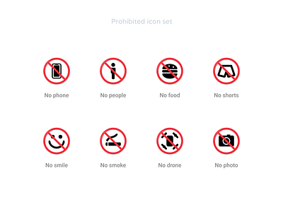Prohibited icon set badges forbidden icondesign icondesigner icondest icons no drone no food no people no phone no photo no shorts no smile no smoke prohibited symbol vector