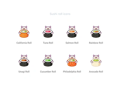 Sushi cats roll icons avocado california cartoon catalog cats cucumber cute food icons japan japanese food philadelphia rainbow rolls salmon sushi tuna uidesign unagi