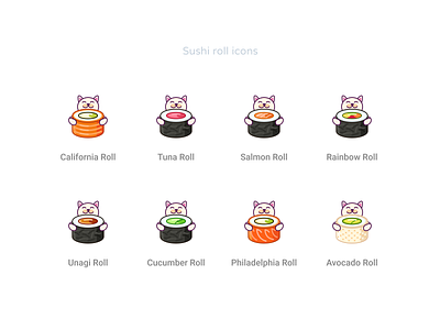 Sushi cats roll icons avocado california cartoon catalog cats cucumber cute food icons japan japanese food philadelphia rainbow rolls salmon sushi tuna uidesign unagi